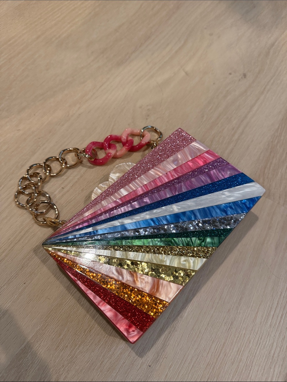 Colorful Sunburst Acrylic Clutch with Gold Chain